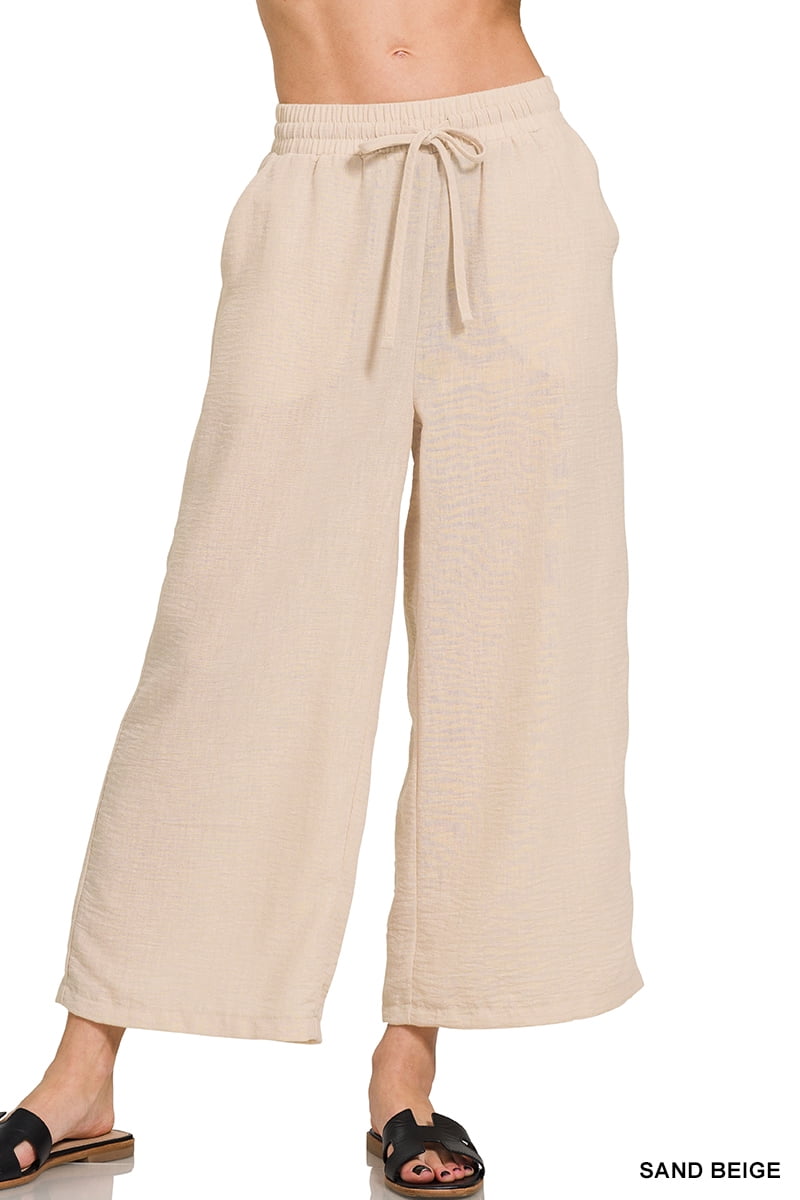 パンツ wjk easy cropped pants beige L Zenana Women's Woven Crepe Elastic Waist Cropped Pants