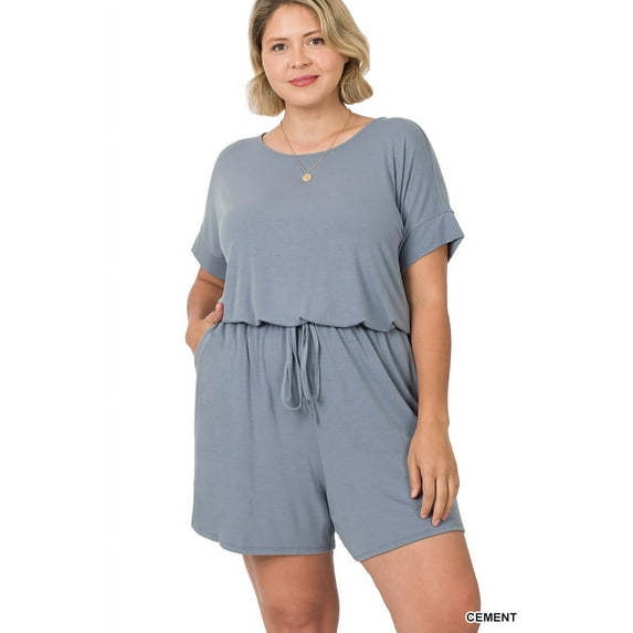 Zenana's Plus Size Short Sleeve Romper with Elastic Waist & Keyhole Back Summer Loungewear