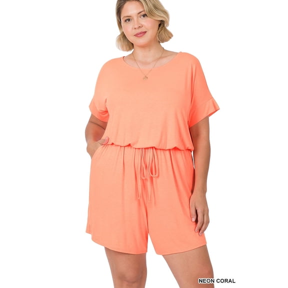 Zenana's Plus Size Short Sleeve Romper with Elastic Waist & Keyhole Back Summer Loungewear