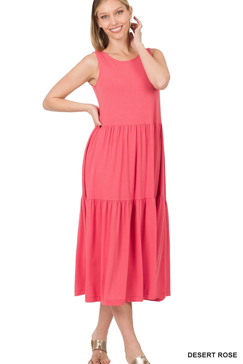 Zenana's Women & Plus Round Neck Sleeveless A-Line Ruffle Tiered Casual Sun Maxi  Dress - Walmart Business Supplies