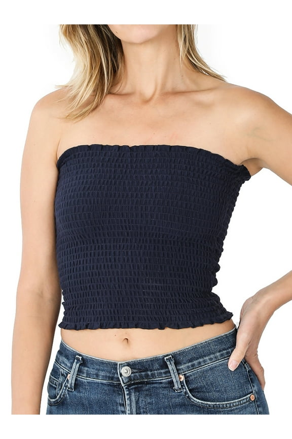 's Women Strapless Pleated Solid Colors Smocked Bandeau Sexy Tube Crop Tops (TheLovely)
