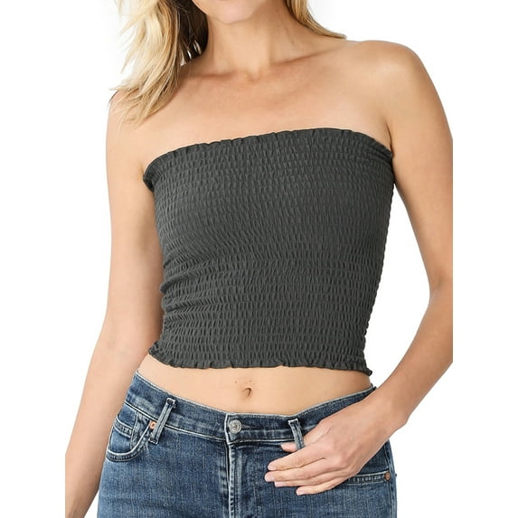 Zenana's Women Strapless Pleated Solid Colors Smocked Bandeau Sexy Tube Crop Tops (TheLovely)