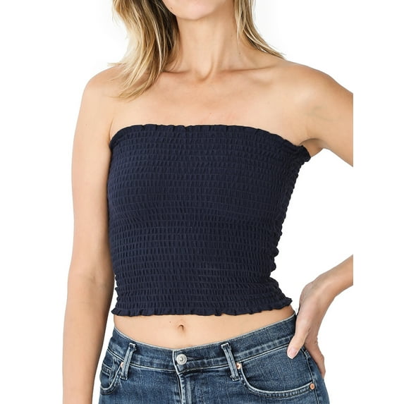 Zenana's Women Strapless Pleated Solid Colors Smocked Bandeau Sexy Tube Crop Tops (TheLovely)