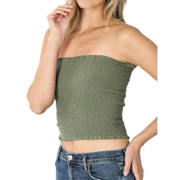 Zenana's Women Strapless Pleated Solid Colors Smocked Bandeau Sexy Tube Crop Tops (TheLovely)