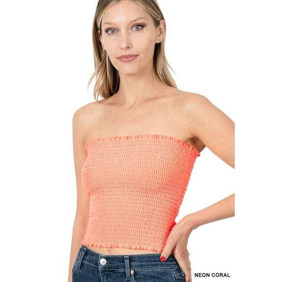Zenana's Women Strapless Pleated Solid Colors Smocked Bandeau Sexy Tube Crop Tops (TheLovely)