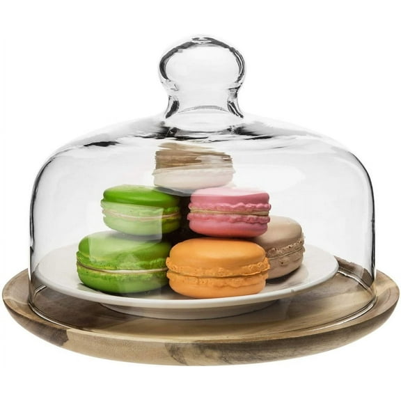 Zenbath Clear Glass Dessert & Cheese Cloche Dome with Acacia Wood Serving Tray