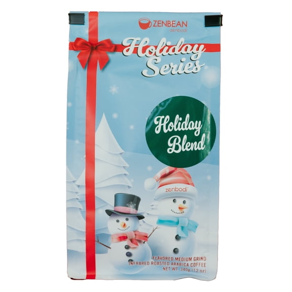 Zenbean Holiday Series Holiday Blend - Flavored Holiday Coffee, Medium Grind Infrared Roasted Arabica Coffee, Low Acid, with Rhodiola Rosea and L-Theanine, Makes 20 Servings, 12 Ounce Bag