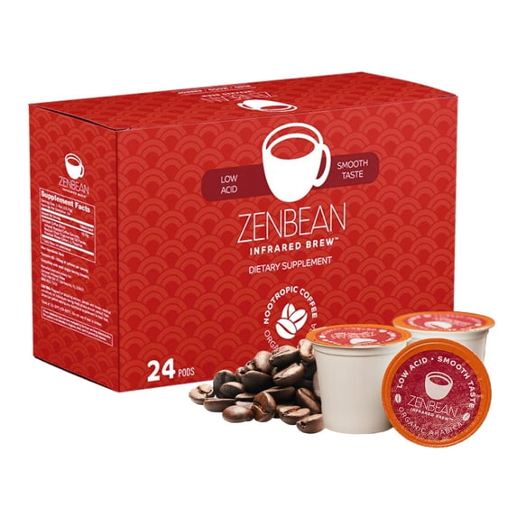 ZENBEAN Infrared Brew - 24 Low Acid Coffee Pods, Nootropic Coffee Capsules with Rhodiola Rosea, K-Cup Compatible with Capsule Machines, Balanced Flavor, Helps Improve Focus & Alertness