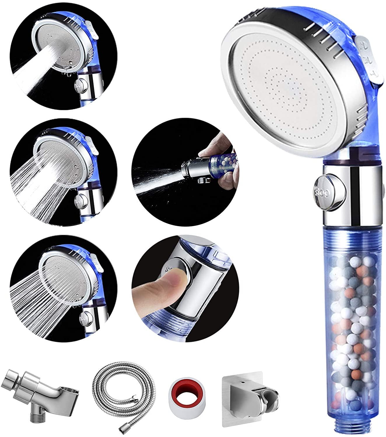 Zenbody Shower Head with Filter Beads Blue 3 Modes Showerhead with On
