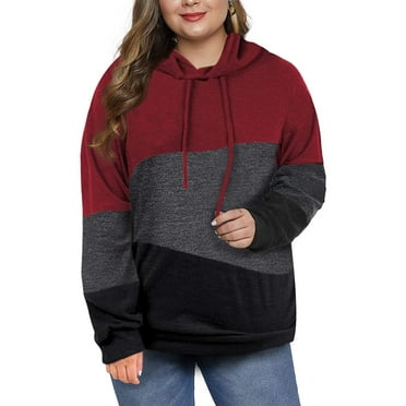 Zenbriele Plus Size Long Sleeve Hoodies for Women Pullover Block Tops Hooded Drawstring Sweatshirt