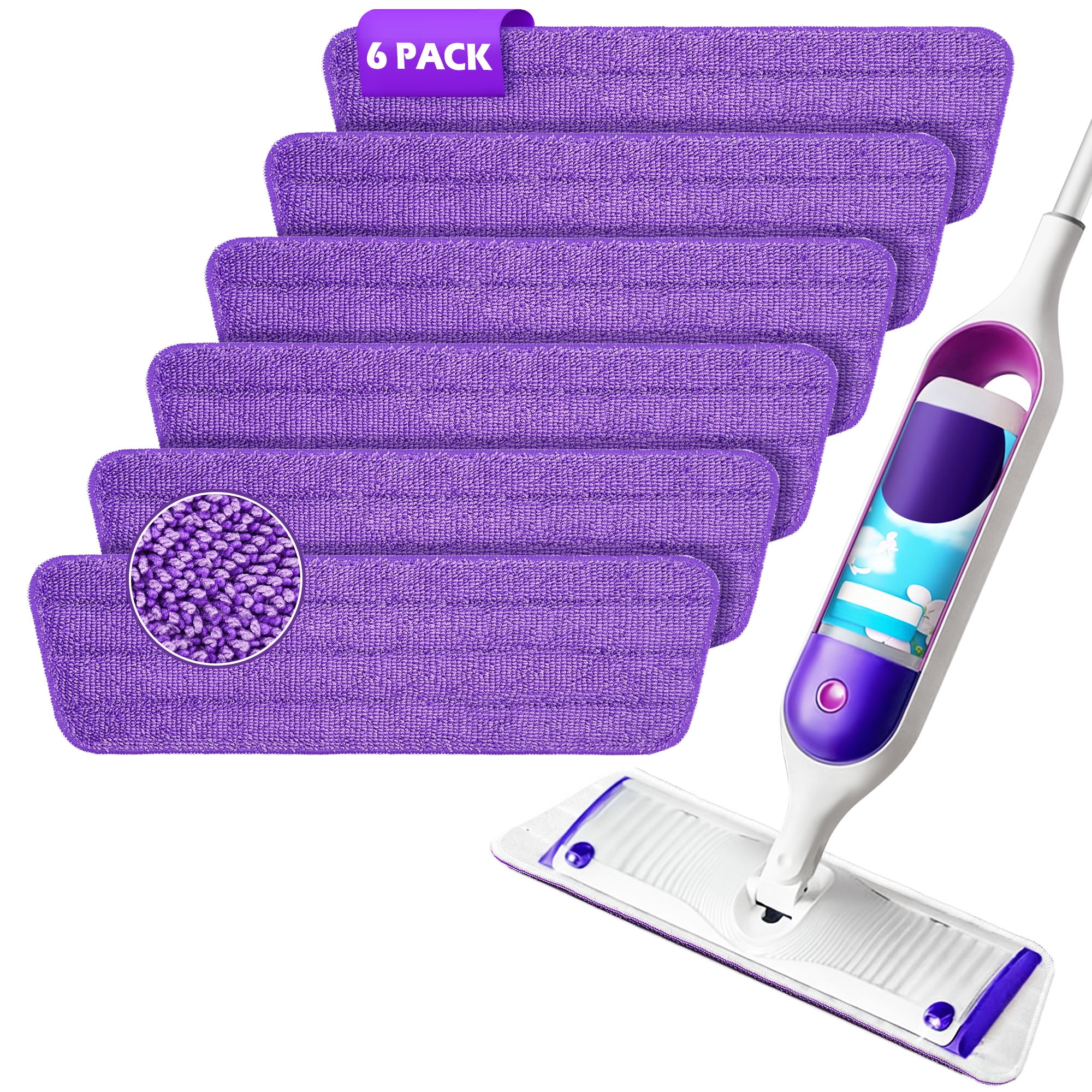 ZenClean Reusable Microfiber Mop Pads 6 Pack Compatible with SwifferPower Mop for Wet & Dry Floor Cleaning