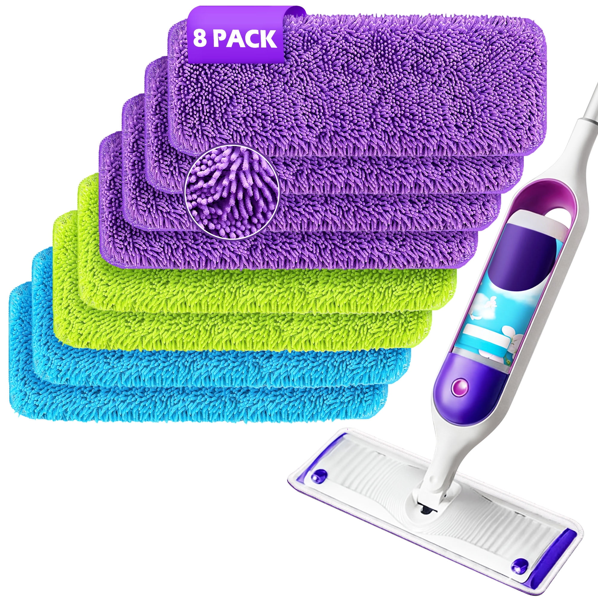 ZenClean Reusable Chenille Mop Pads 8 Pack Compatible with SwifferPower Mop for Wet & Dry Floor Cleaning (3 Colors)