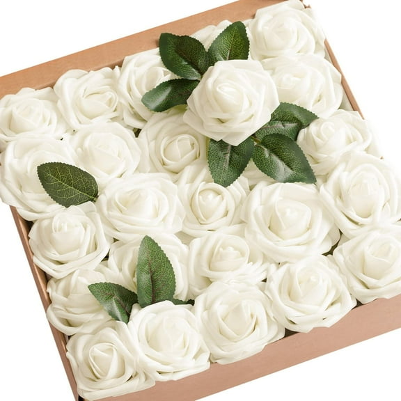 Zendure Artificial Flowers Ivory Foam Fake Roses with Stems 25pcs for DIY Wedding Bridal Shower Centerpieces Tables Decorations Party