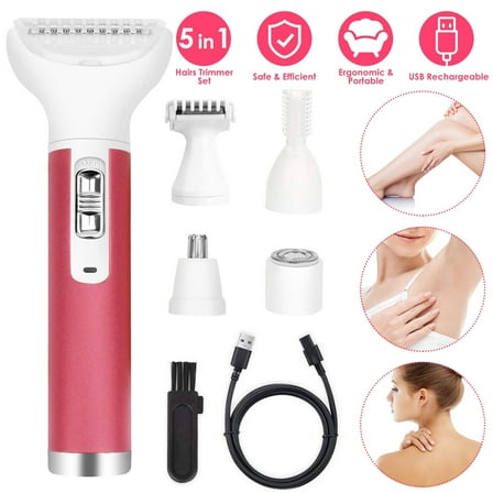 Ozmatip Hair Remover for Women,Painless 5 in 1 Electric Shaver USB Rechargeable,Eyebrow Nose Trimmer,Body Waterproof Bikini Facial Hair Removal for Women (Pink)