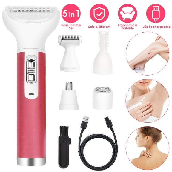 Ozmatip Hair Remover for Women,Painless 5 in 1 Electric Shaver USB Rechargeable,Eyebrow Nose Trimmer,Body Waterproof Bikini Facial Hair Removal for Women (Pink)