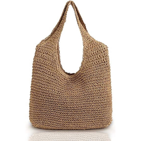 Zendure Hand-woven Soft Large Straw Shoulder Bag Boho Straw Handle Tote Retro Summer Beach Bag Rattan Handbag (Khaki)