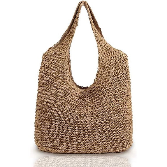 Zendure Hand-woven Soft Large Straw Shoulder Bag Boho Straw Handle Tote Retro Summer Beach Bag Rattan Handbag (Khaki)