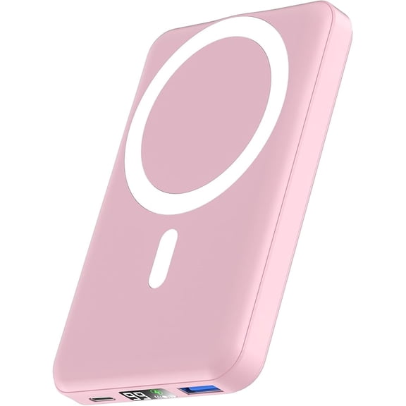 Hendoct 5000mAh Magnetic Wireless Portable Charger, Power Bank Compatible with iPhone 15/14/13/12 Series, Pink