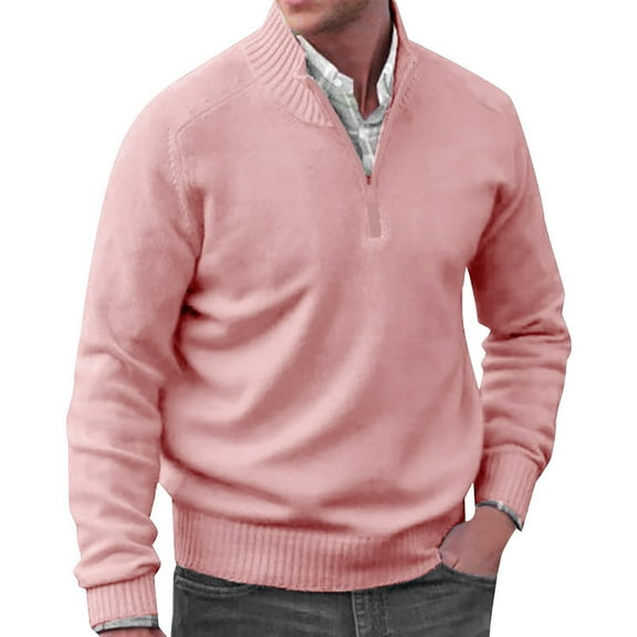 ZengYing Fall Sweater, Autumn Men's Solid Color Casual Loose V Neck Tight Pullover Sweater Pink