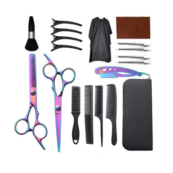 Zengdainm 19-Piece Hair Cutting Scissors Set, 6 Inch 4Cr Stainless Steel Shears, Rainbow Hairdressing Kit with Cape, Comb, Clips, Case for Home Salon Barber