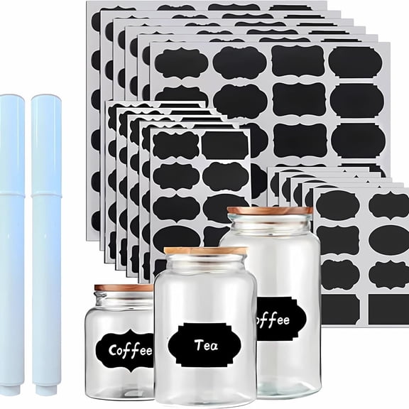 Zengdainm 244-Pack Chalkboard-Style Labels for Jars & Containers, Mixed Shapes with2 Markers, Water-Resistant Rewritable Self-Stick Labels for Pantry & Kitchen Organization