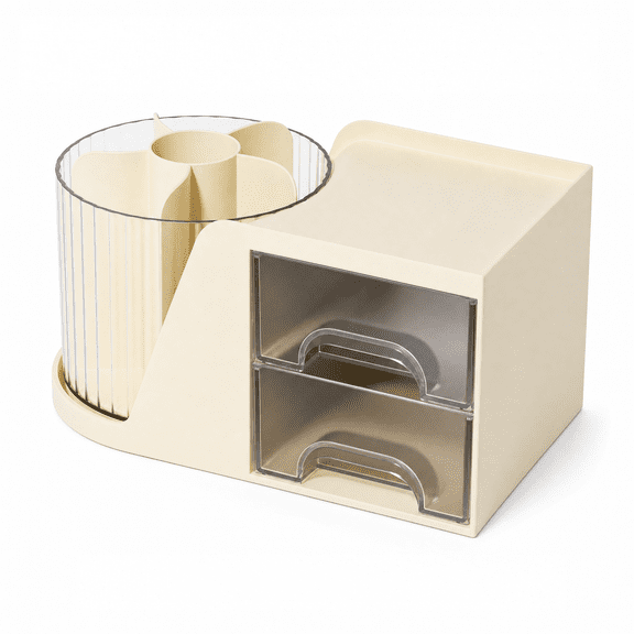 Zengdainm Rotating Makeup Brush Organizer with2 Drawers, Cream White Vanity Desk Storage for Cosmetics, Lipsticks and Office Supplies, Countertop Desktop Holder