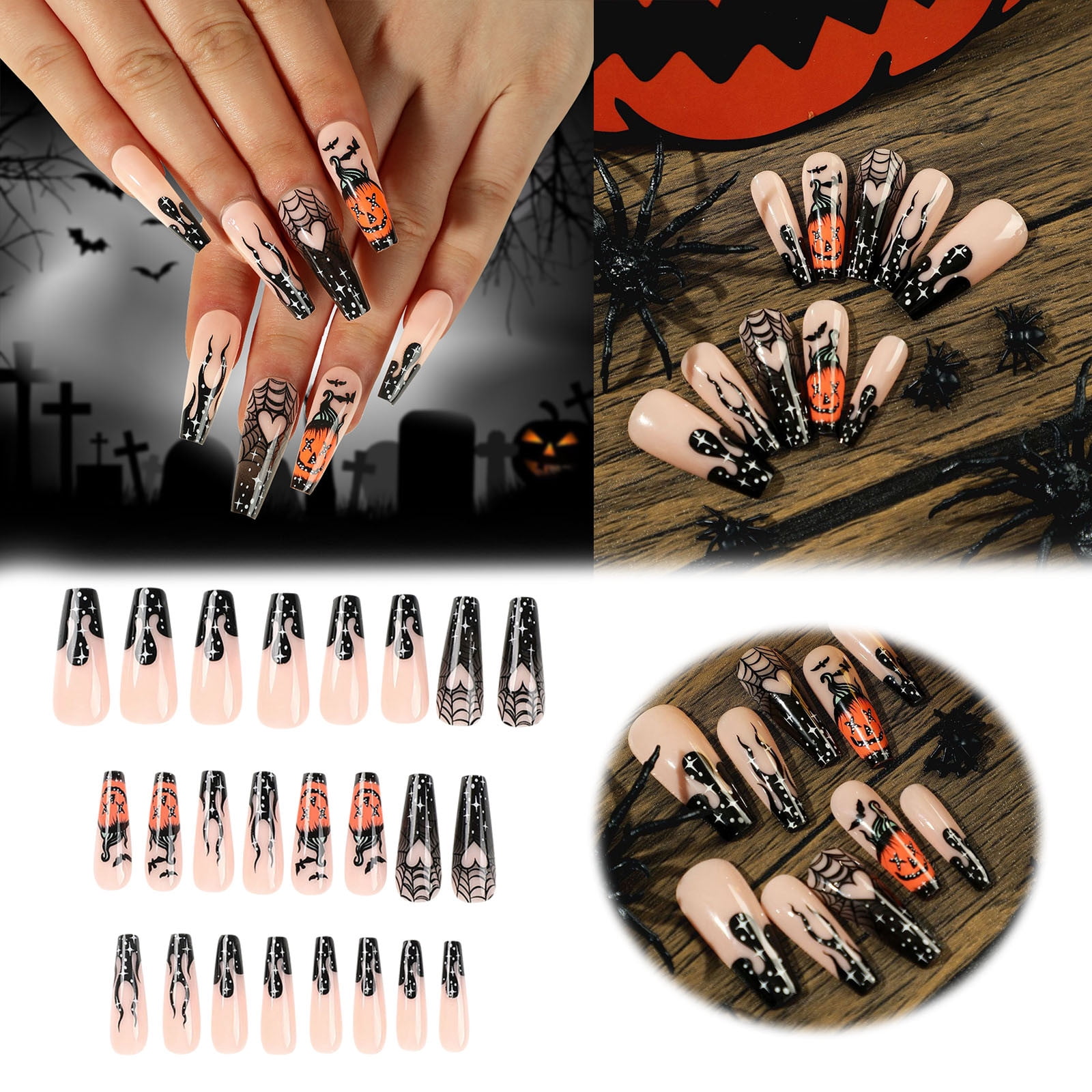 Zenghuiiii Full Nail Tips Ballerina Short Wear Nails Black French Flame