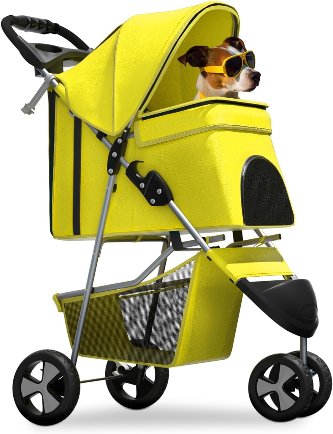Yellow Foldable Metal Pet Stroller with Mesh Windows