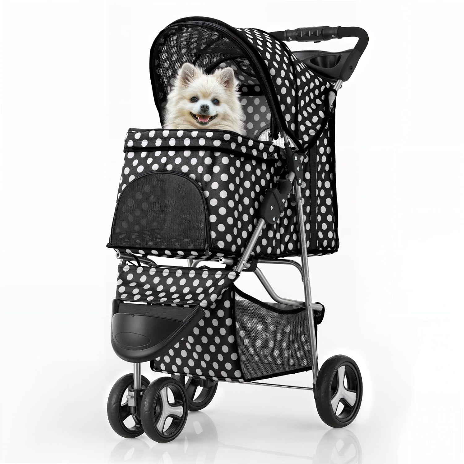 Black and White Polka Dot Foldable Dog Stroller with Storage