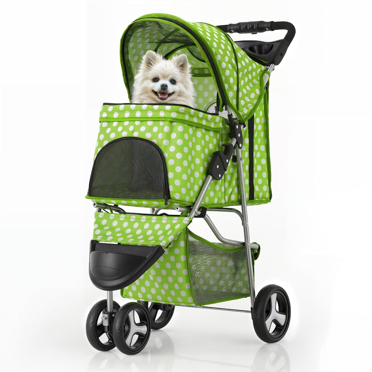 Lawn Green Polka Dot Foldable Pet Stroller with Storage