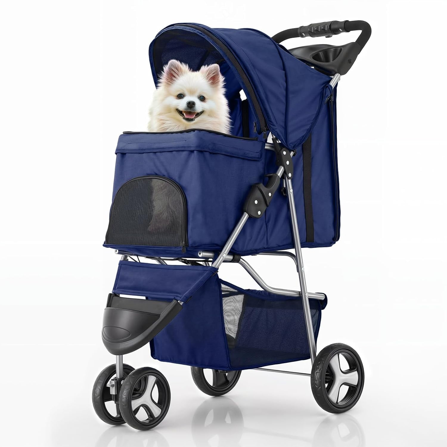 Navy Blue Foldable Pet Stroller with Storage Basket and Cup Holder