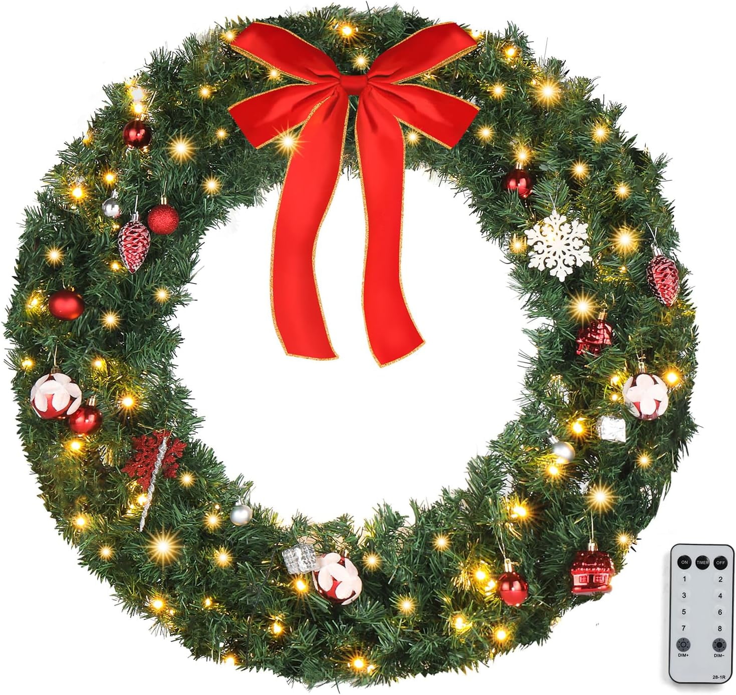 Goplus 48" Pre-Lit Christmas Wreath With 200 LEDs & Red Bow | Indoor/Outdoor Holiday Decoration For Door, Wall, Yard