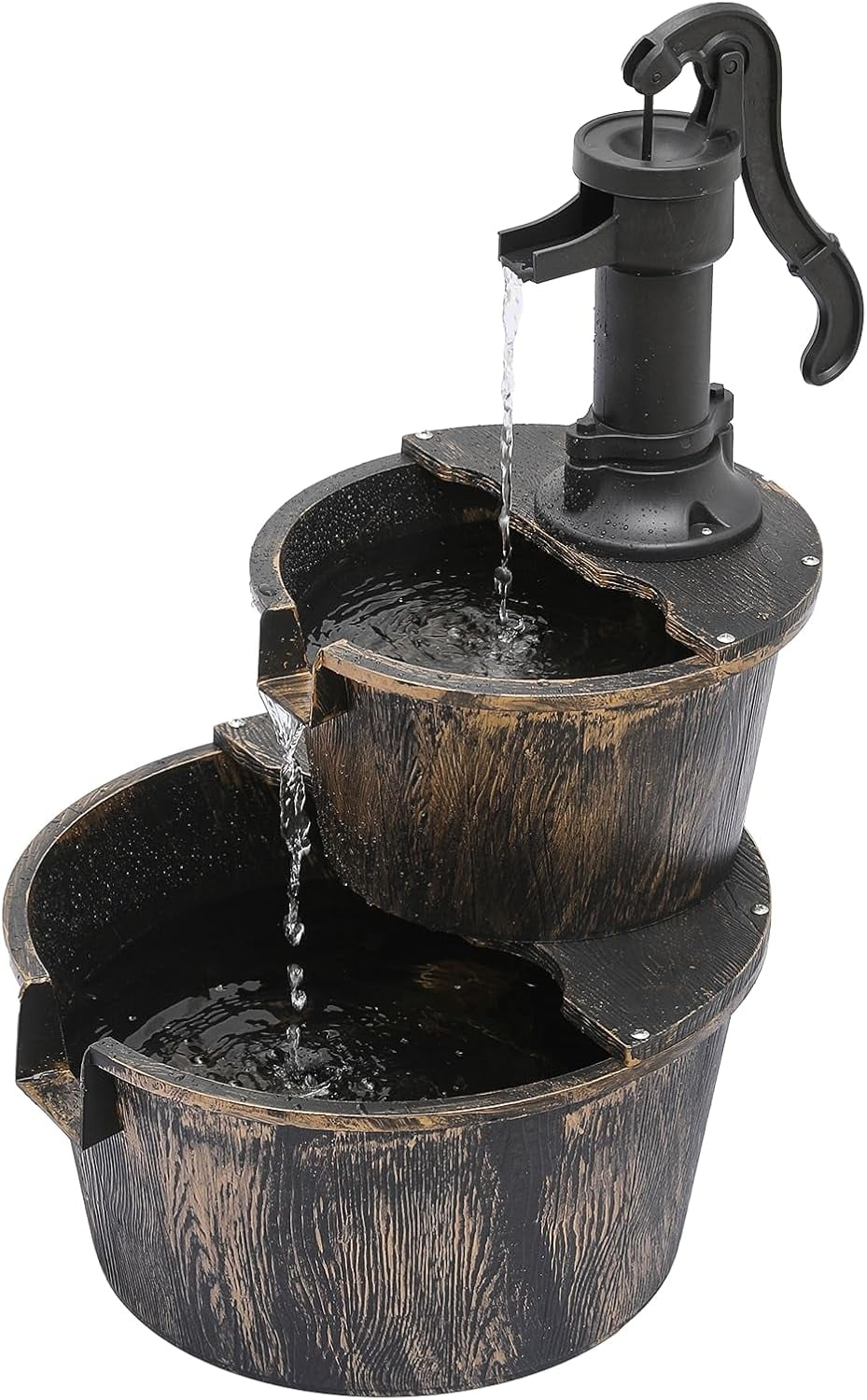 Rustic Brown 2-Tier Barrel Waterfall Fountain with Pump