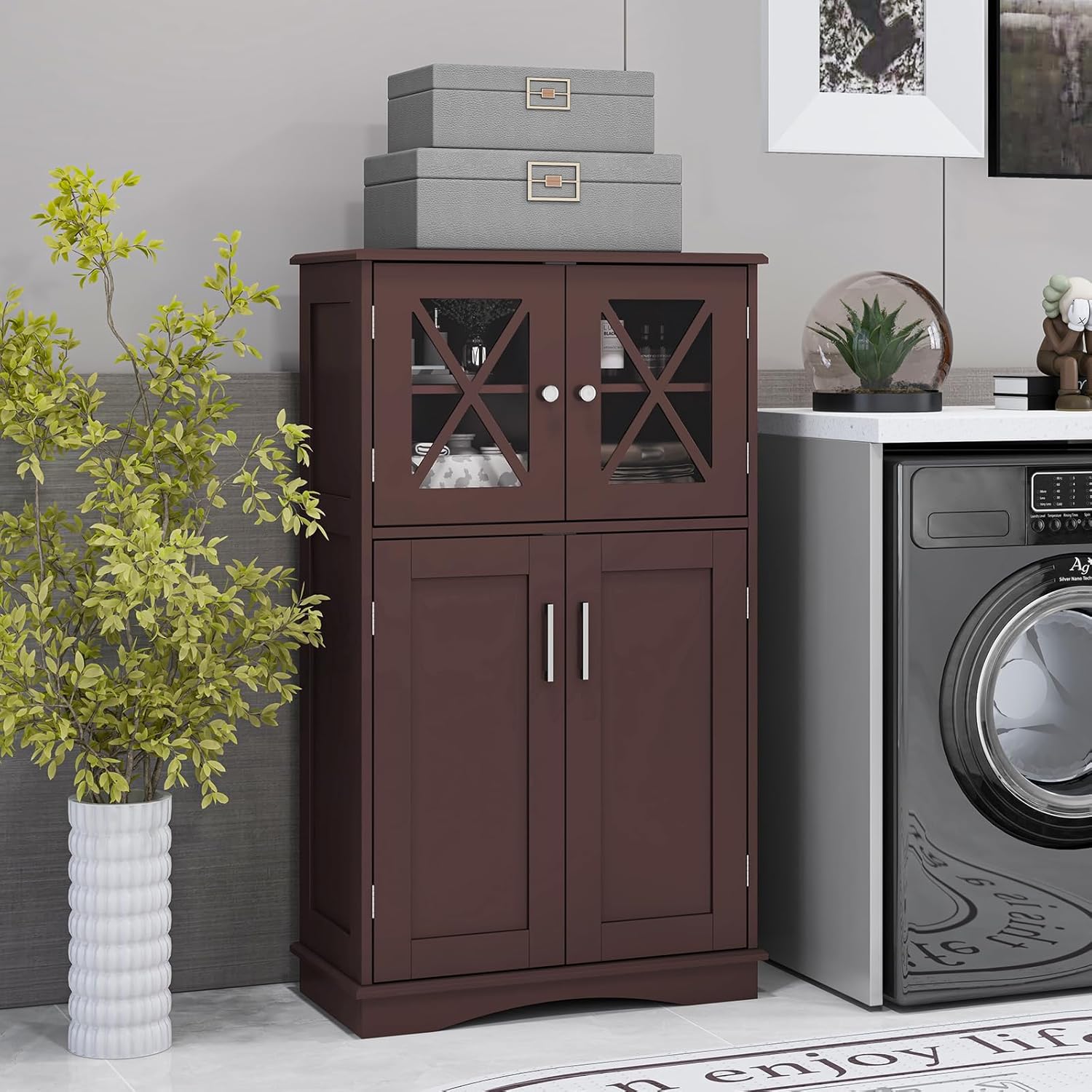 Zengpin Bathroom Storage Cabinet, Bathroom Floor Cabinet with 4 Doors & 3-Position Adjustable ...