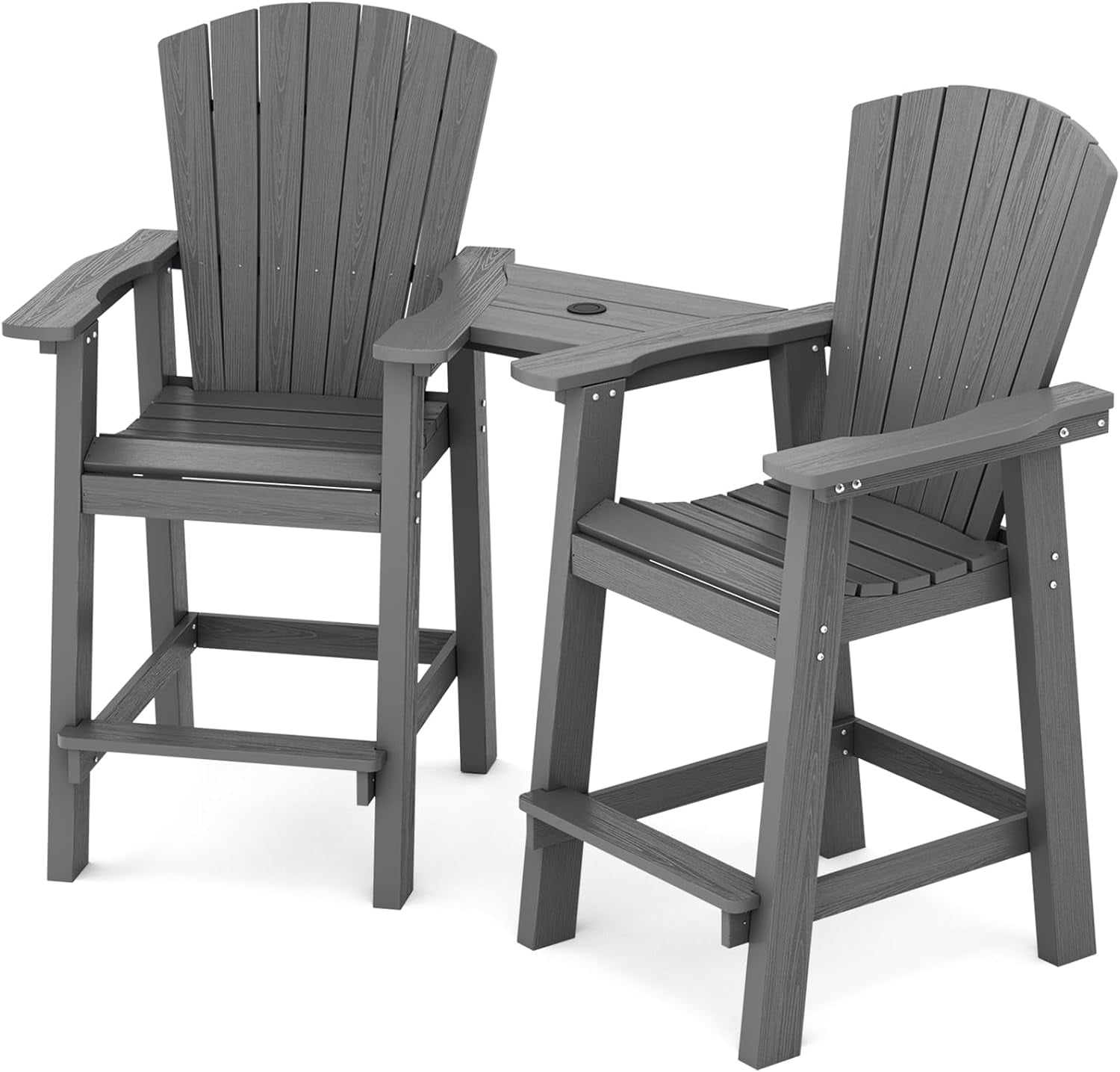 Gray Tall HDPE Adirondack Bar Chairs with Removable Table