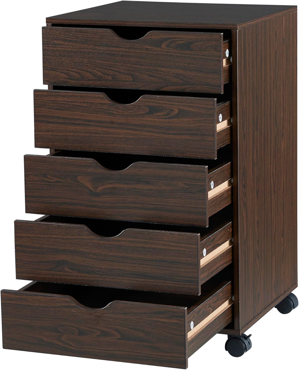 Espresso Dark Wood 5-Drawer Mobile File Cabinet with Casters