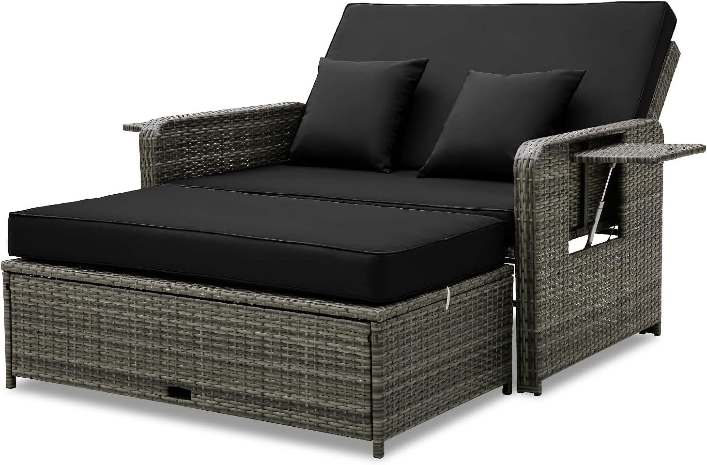 Black Wicker Loveseat Sofa with Ottoman and Retractable Tray