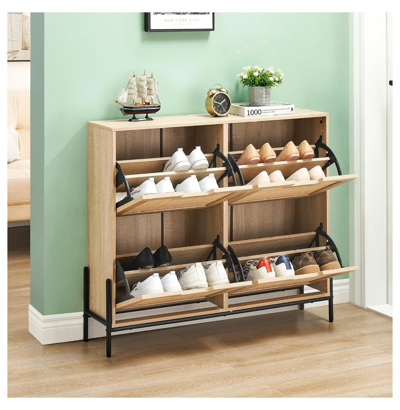 Zengpin Rattan Shoe Cabinet with 4 Drawers Modern Wooden Standing Shoe ...