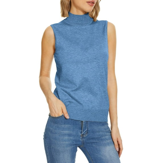 Zengying Sweaters for Women Sleeveless Mock Neck Tops for Women Sweater Knit Turtleneck Soft Basic Vest Tank Lightweight Turtleneck Sweater Women Blue