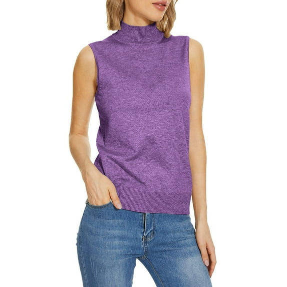 Zengying Sweaters for Women Sleeveless Mock Neck Tops for Women Sweater Knit Turtleneck Soft Basic Vest Tank Lightweight Turtleneck Sweater Women Purple