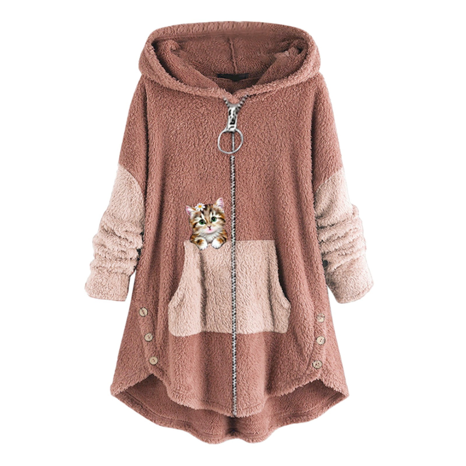 Zengying Winter Coats for Women Women's Fashion Plush Zipper Cat Print