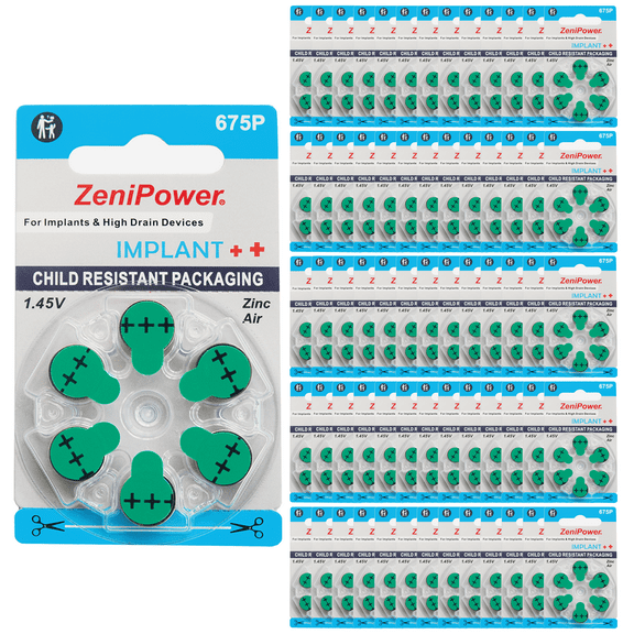 ZeniPower Extra High Power Cochlear Implant BTE Speech Processor Batteries Zinc Air 1.4V Size 675P, 675CI, Implant Plus (300 Batteries)