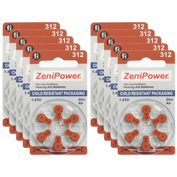 ZeniPower Size 312 1.45V ZInc-Air Hearing Aid Batteries (60 Pack)