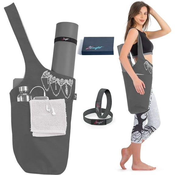 Zenifit Yoga Mat Bag, Long Tote with Pockets for your Yoga Accessories, Yoga Bag with Bonus Yoga Mat Strap Elastics, Holds your Pilates Mat, Color: Gray and White Yoga Mat Carrier