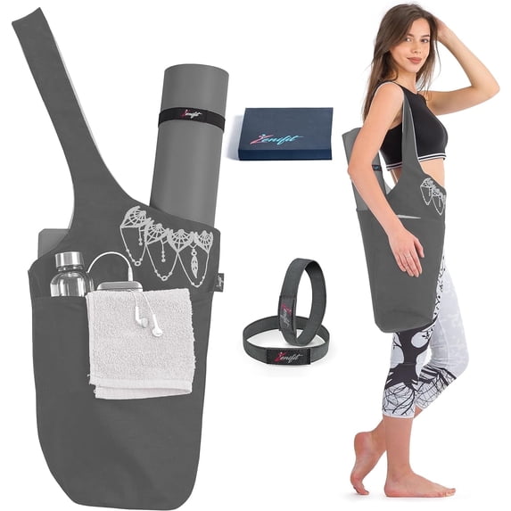 Zenifit Yoga Mat Bag with Pockets, Pilates Mat Carrier Tote for Women, Gray and White