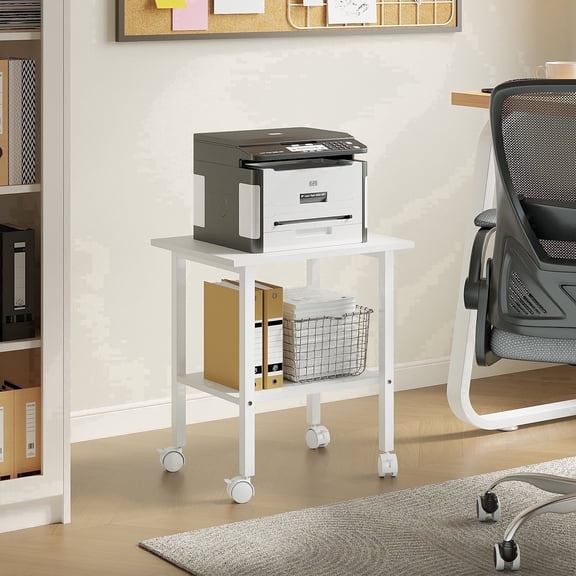 YQ JENMW 2-Tier Rolling Printer Stand with Wheels,Mobile Printer Cart and Storage Shelf,Printer Table for Home Office,White