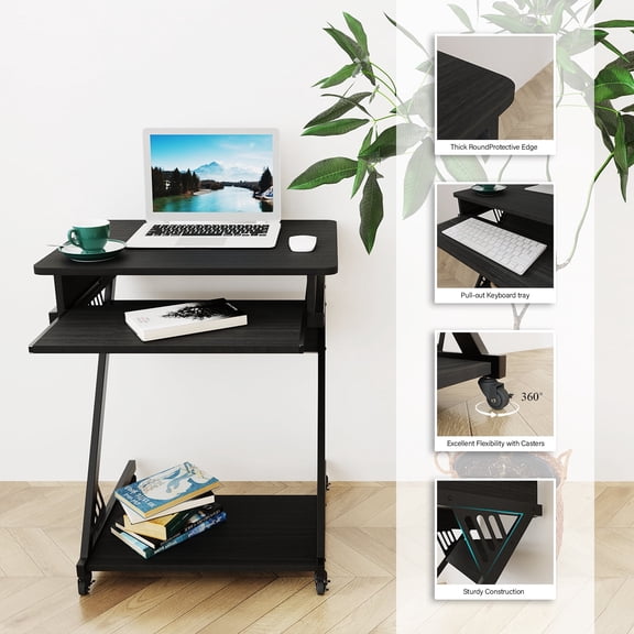 Zenira 2 Tiers Rolling Computer Desk with Keyboard Tray and Printer Shelf for Home Office, Mobile Computer Desk for Small Space, Retro Computer Table Compact PC Laptop Workstation, Rustic Black