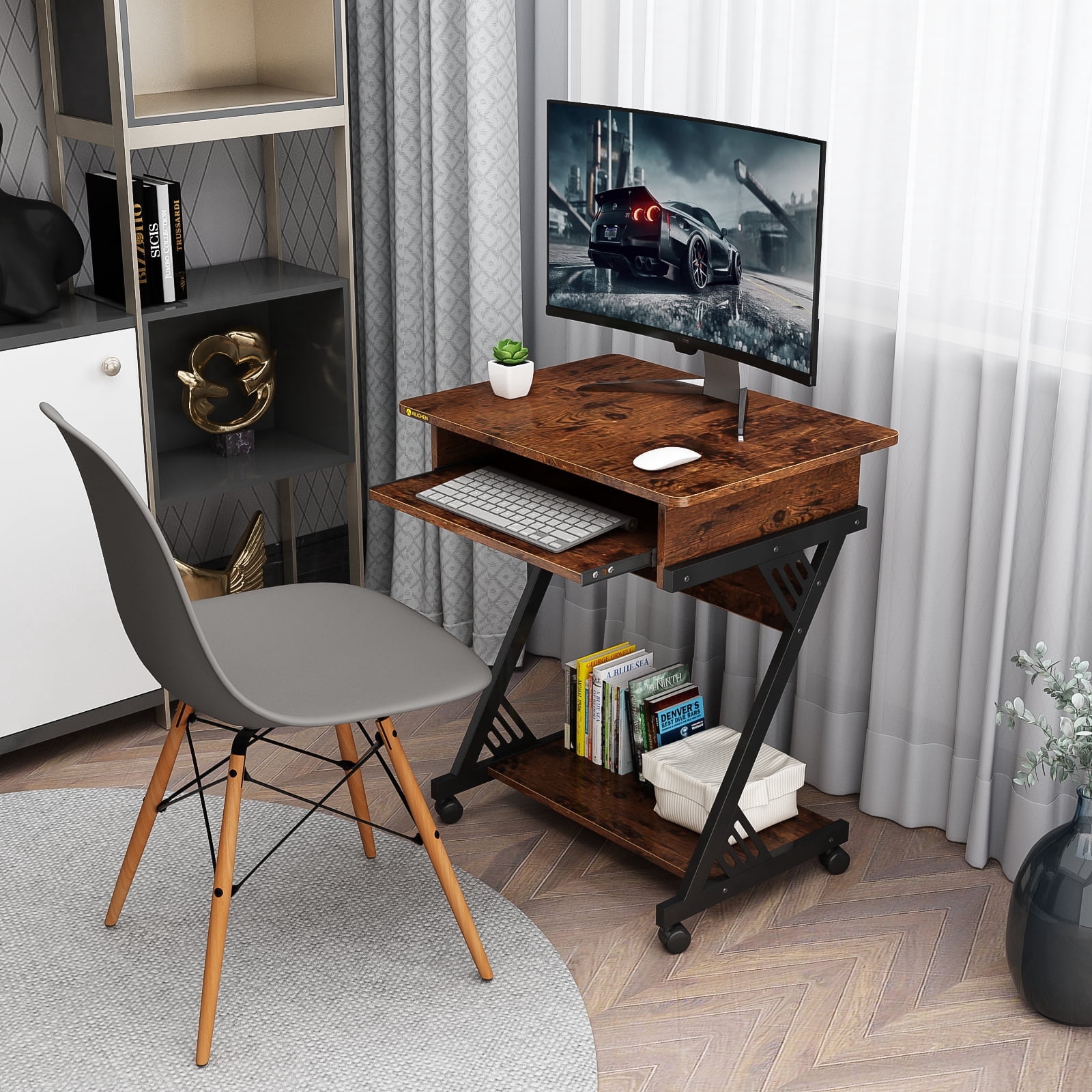Zenira 2 Tiers Rolling Computer Desk with Keyboard Tray and Printer Shelf for Home Office, Mobile Computer Desk for Small Space, Retro Computer Table Compact PC Laptop Workstation, Rustic Brown