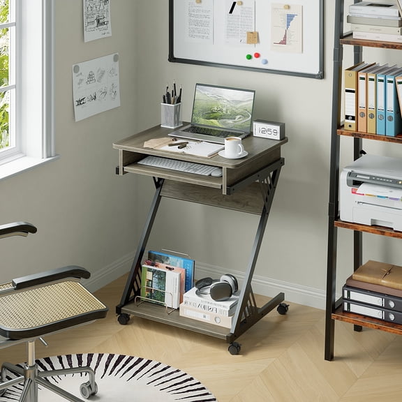 Zenira 2 Tiers Rolling Computer Desk with Keyboard Tray and Printer Shelf for Home Office, Mobile Computer Desk for Small Space, Retro Computer Table Compact PC Laptop Workstation, Gray