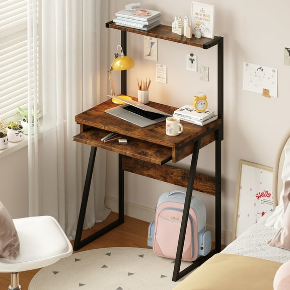 Zenira 2 Tiers Small Computer Desk for Small Space, Compact Laptop Table Workstation with Keyboard Tray, Study PC Table for Home Office, Brown